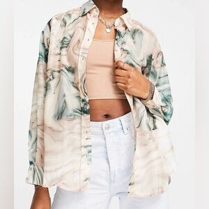 Stylish Sheer Marbled Button Down Blouse Size L